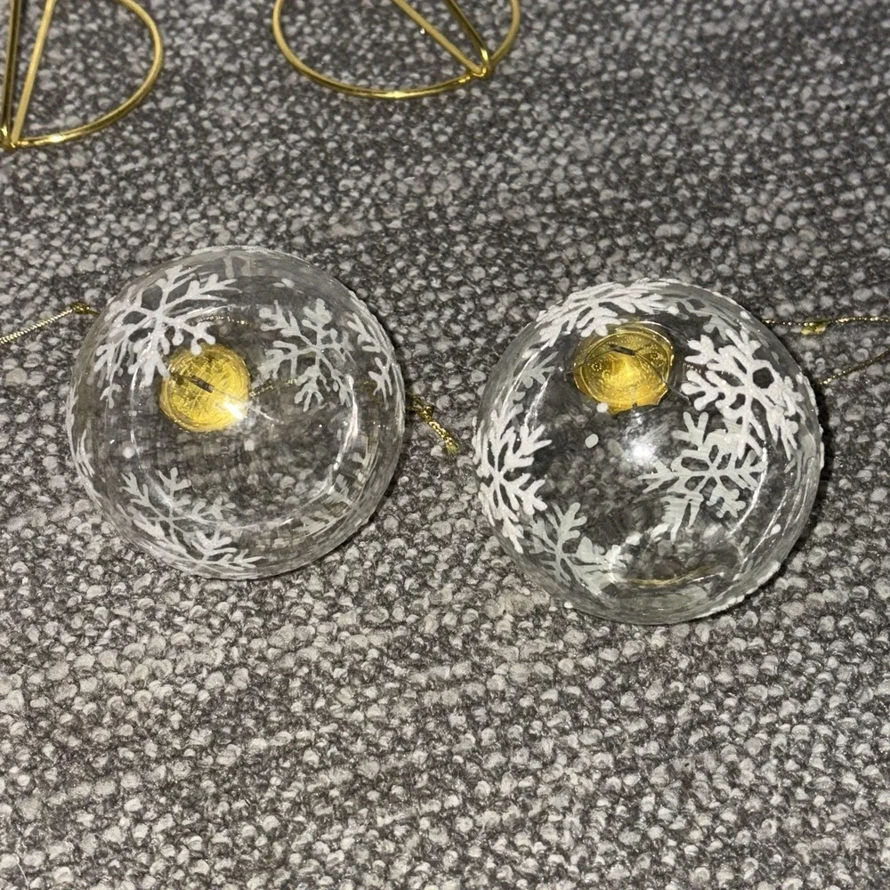 Clear Glass Christmas Ornaments With Glittery Snowflakes Gold Tops Various Shape